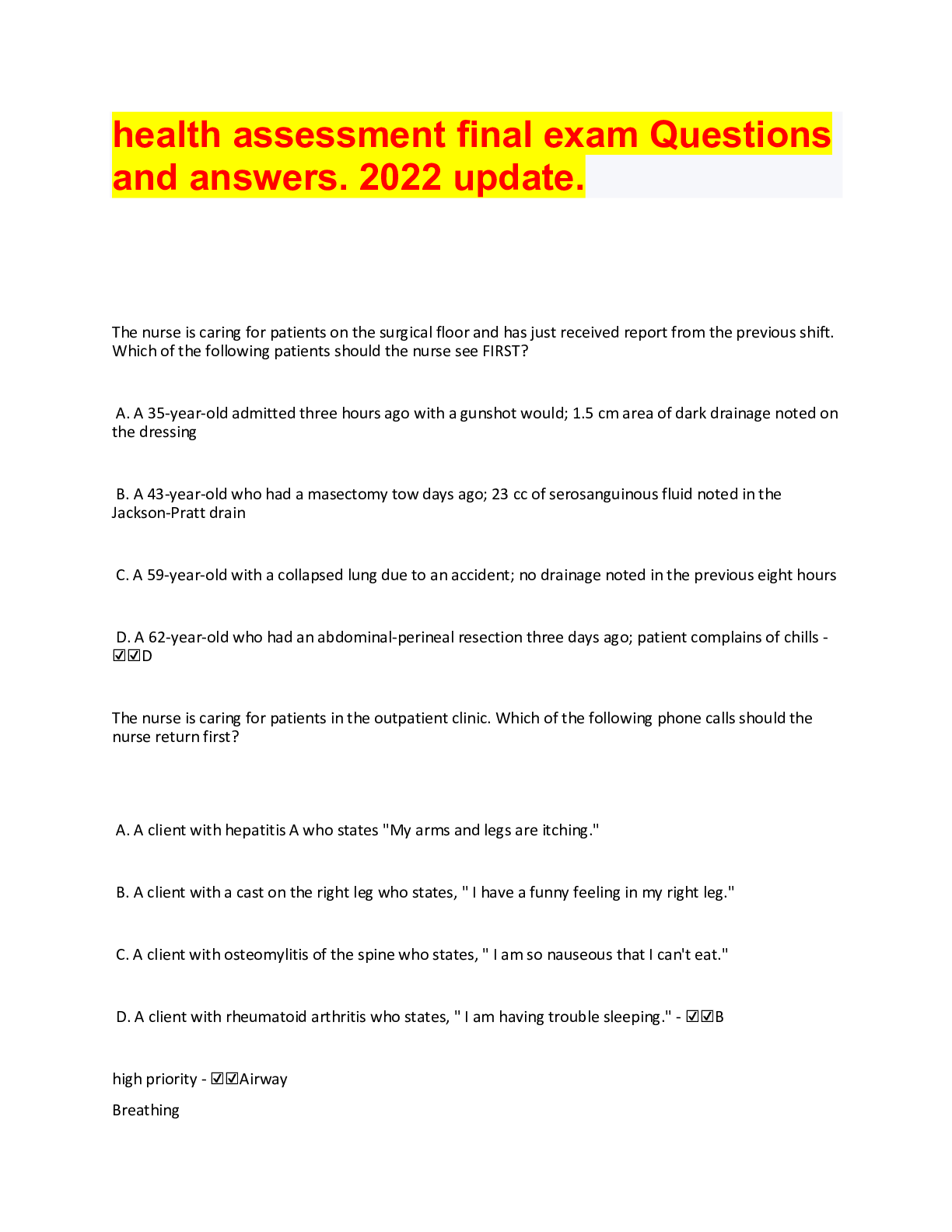 health assessment final exam Questions and answers. 2022 update.